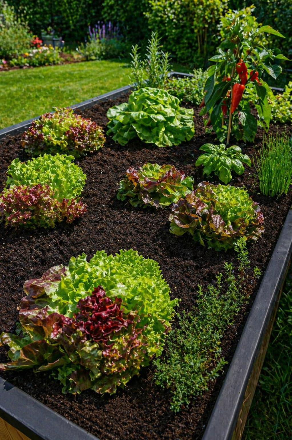 Frischer Salat, Kräuter und Gemüse im Hochbeet